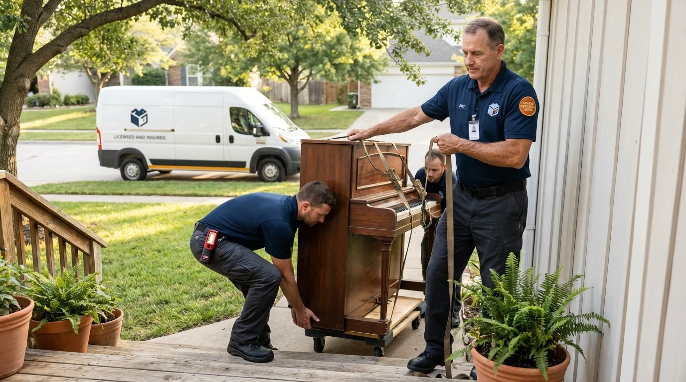 Licensed piano movers securing grand piano in Marthasville, MO