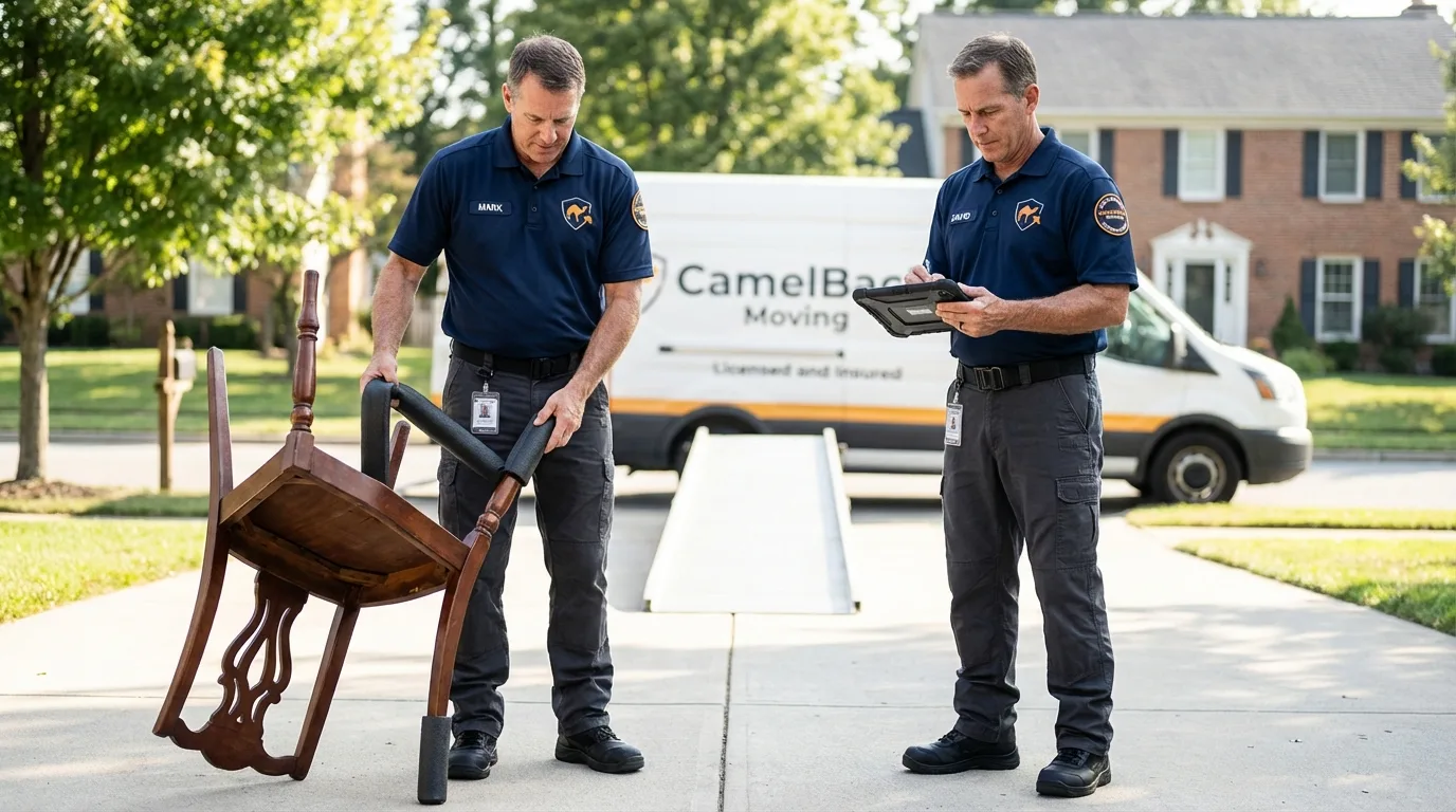 Movers inspecting furniture for damage prevention before loading in Marthasville, MO