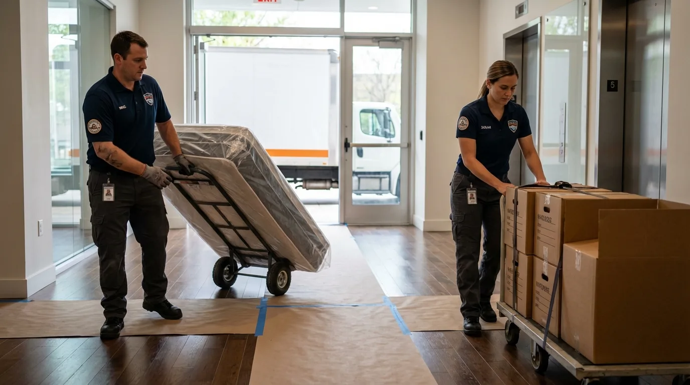 Professional apartment movers loading elevator in Marthasville, MO